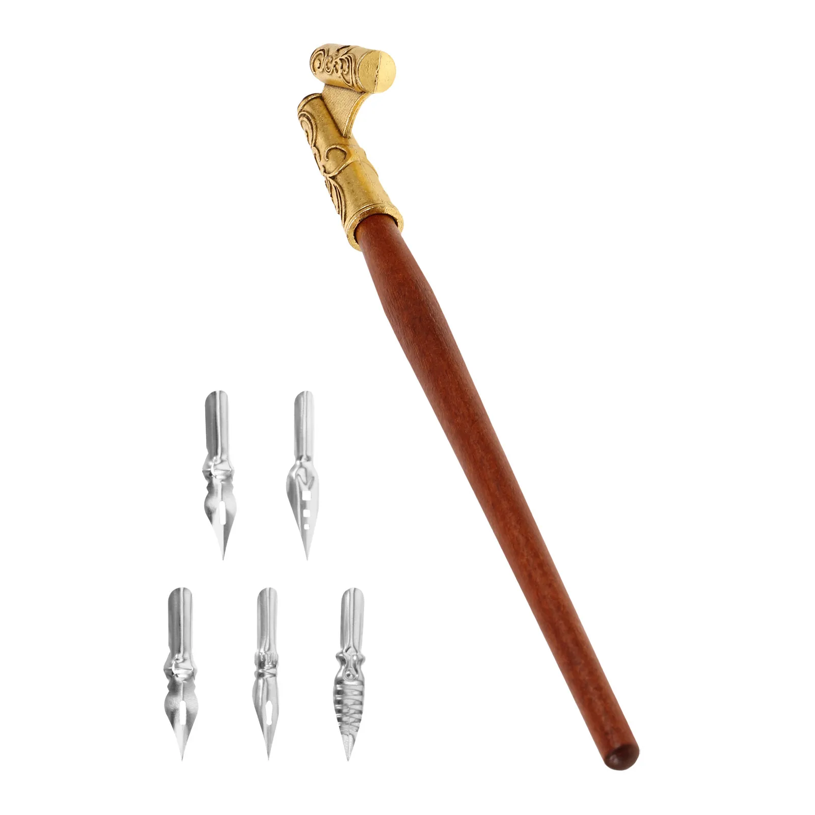 1Set Premium Solid Wood Calligraphy Dip Pen with Comfort Bent Tip Stainless Steel Nib and Stable Irregular Rod for Drawing