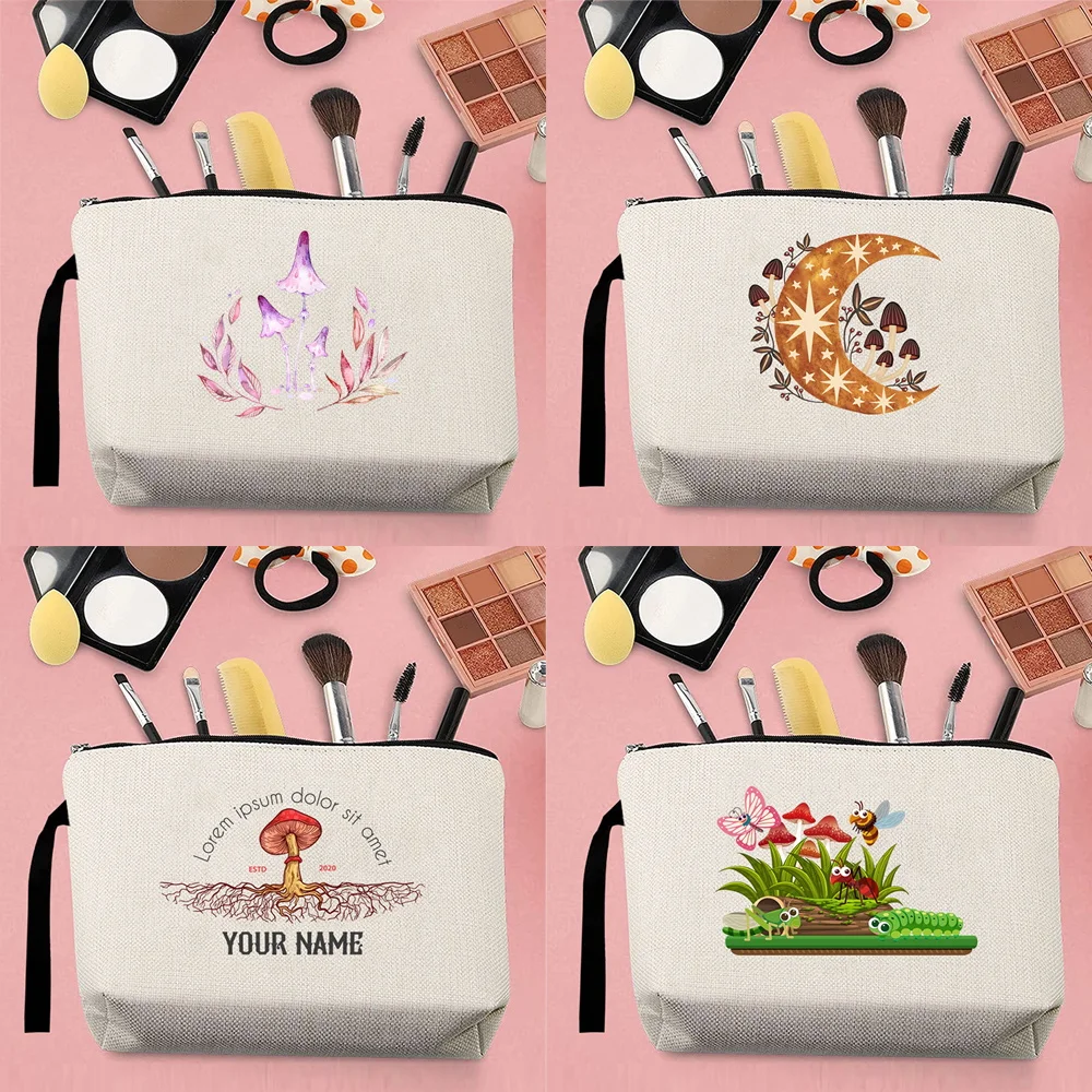 Fashion Single Product Woman Makeup Storage Bag Canvas Cartoon Mushroom Pattern Printed Belt Zipper Beige Coin Purse Pencil Case