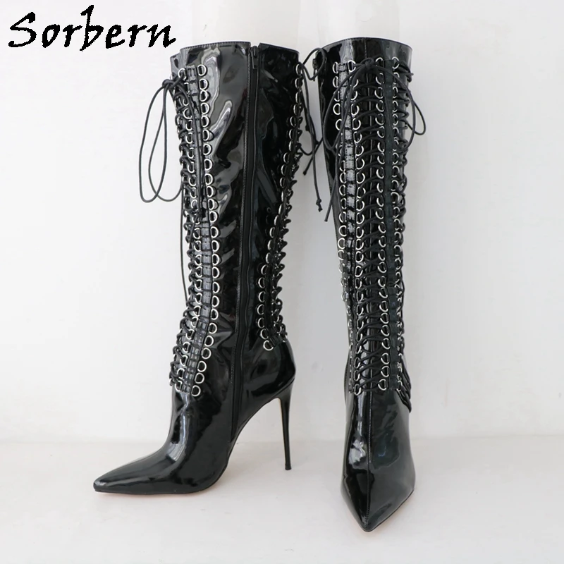 Sorbern Customized Glossy Black Boots Women Knee High Multi Lace Up Bandge Boots High Heel Stilettos Pointed Toe Shoes