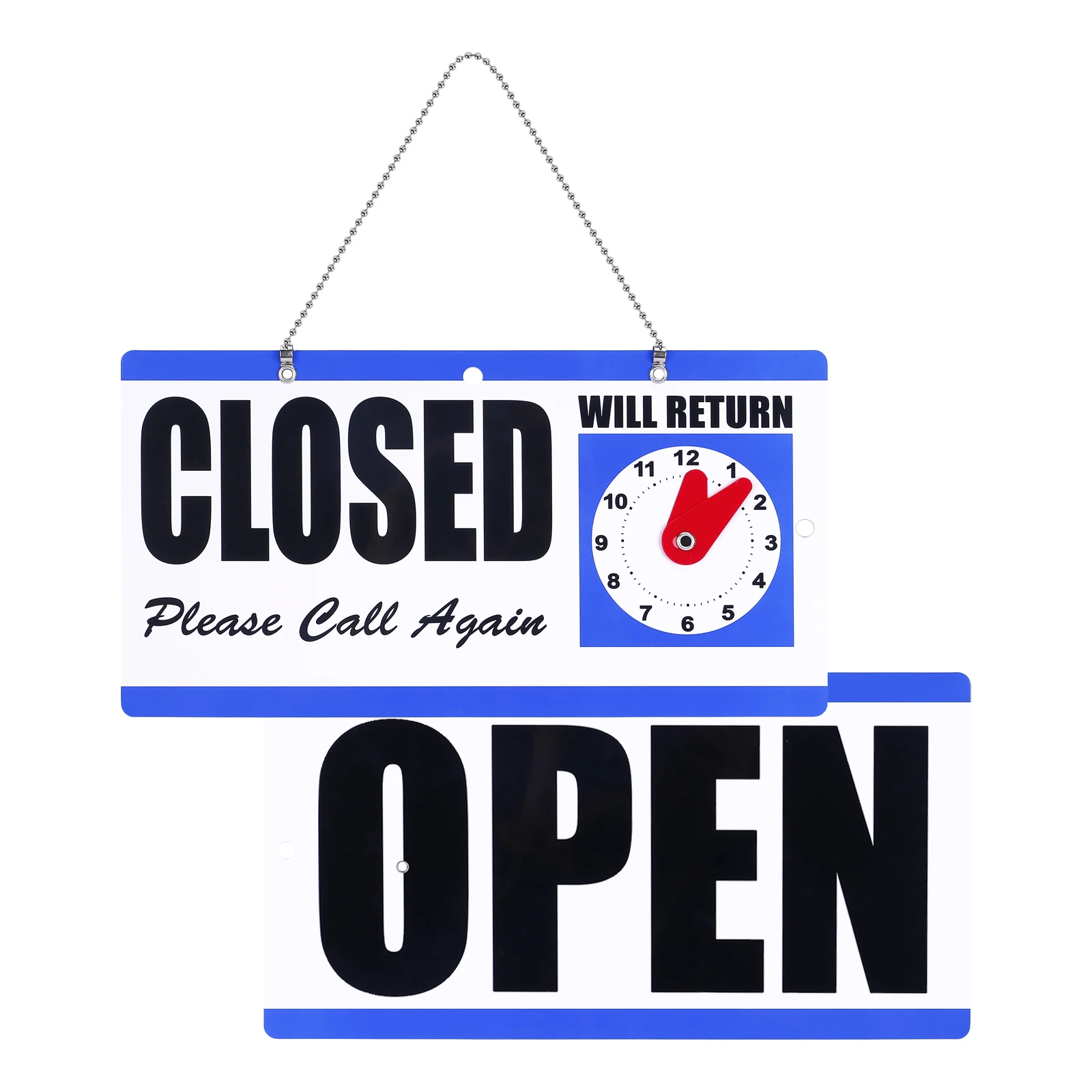 Eagle Open and Closed Sign, Plastic, with Hanging Chain, Dual Sides with “Will Return” Clock, 6X11.5-Inches