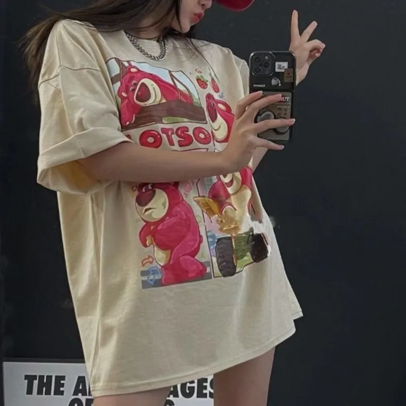 Disney Lotso T-shirt Cartoon Casual Cotton Short T Shirt Kawaii Summer Girls Loose Breathable Prints Round Neck Tops Woman Gift