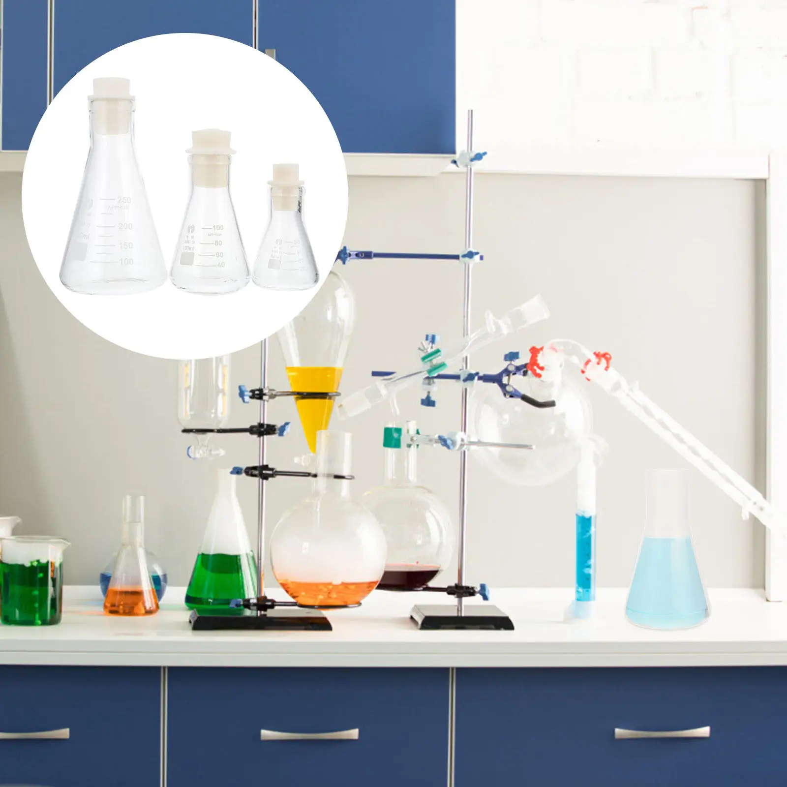 

Набор из 3-х прозрачных стеклянных колб с пробками, утолщенные конические колбы для химических экспериментов, школьные лабораторные принадлежности, стеклянная посуда для лабораторий