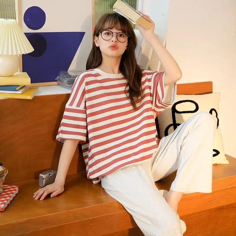 Red Grey Strip Pajamas Set for Women Summer Short Sleeves Casual Cartoon Sleepwear for Lady Fashion Woman's 2 Pieces Homewear