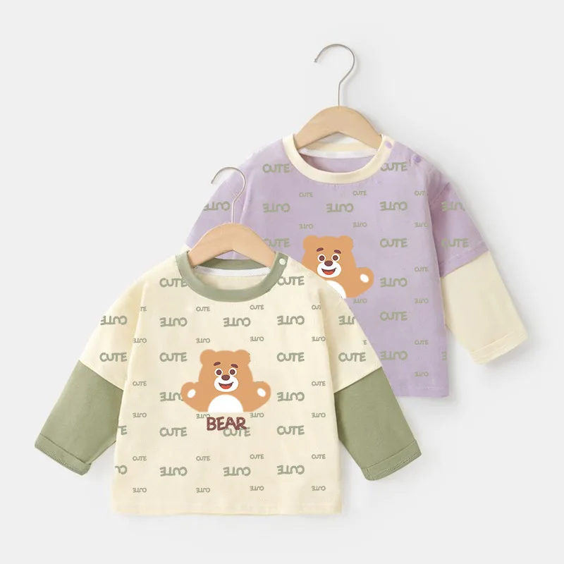 Spring Autumn Newborn Boys Long Sleeves Cotton Bear Cartoon Infant Baby Boys T-shirt Loose Letter All Print Spliced Kid Boy Tees