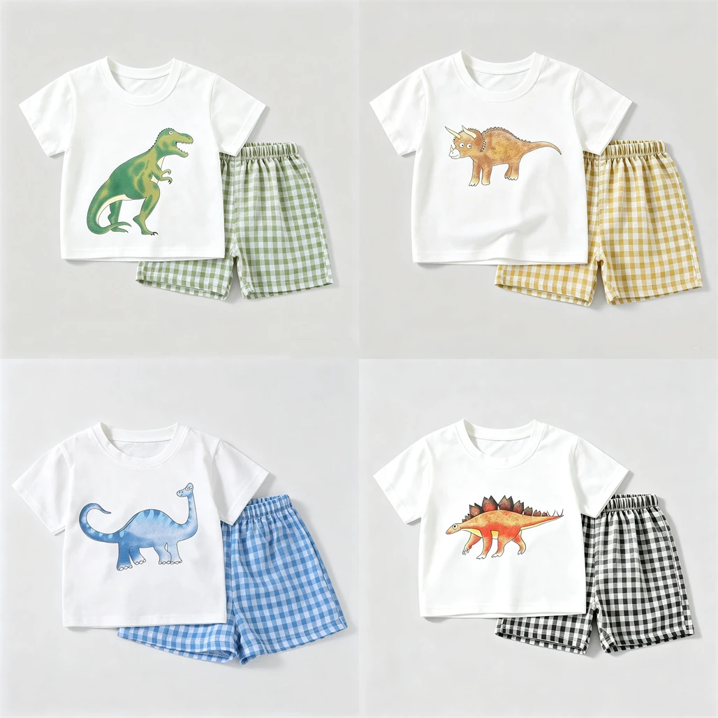 White Tshirt+Plaid Shorts 2Piece Set Summer Costume Short-sleeved Tracksuits Dinosaur Printed Tees Simple Versatile Shorts 2pcs
