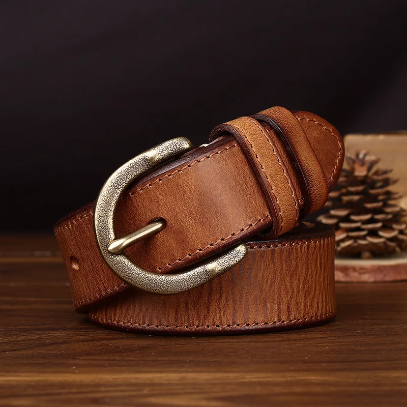 

3.8 Cm Pure Cowhide Genuine Leather for Men High Quality Brass Buckle Belts Cowboy Waistband Male Retro Frosted Jeans Strap