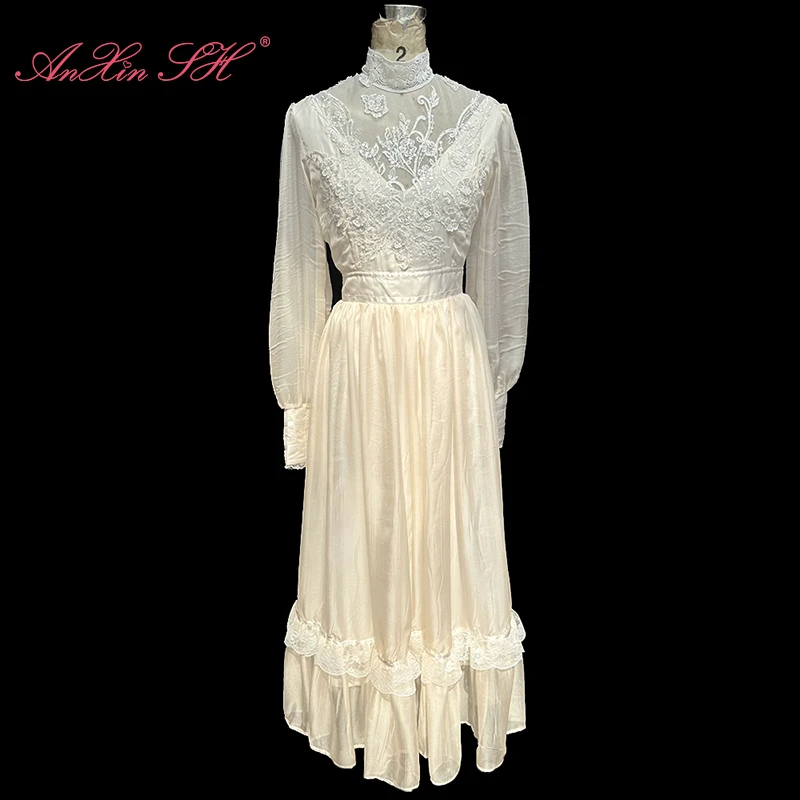 AnXin SH-Robe de soirée en mousseline de soie beige, col haut, manches longues, fleur blanche, dentelle, perles, fermeture éclair, personnalisée, princesse vintage