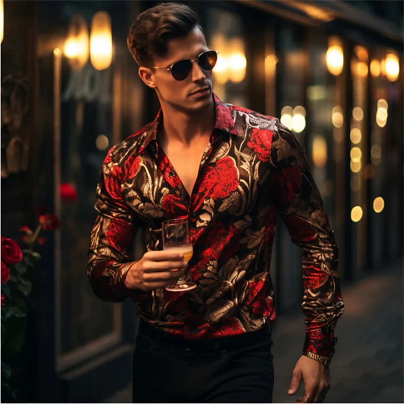 Camisa manga comprida floral masculina com impressão 3D, roupa de lapela, exterior, amarelo, rosa, azul, roxo, verde, estilista de rua, casual