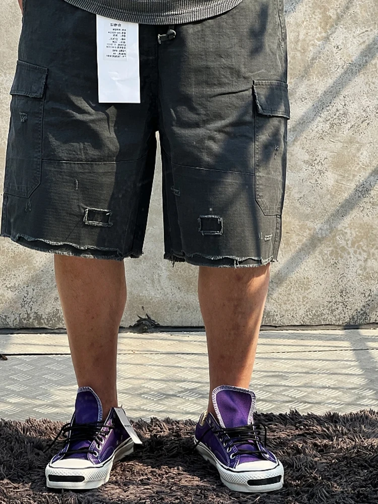 

Винтажные рабочие шорты с эффектом потертости, в японском стиле, с множеством карманов, из клетчатой ткани, молодежные повседневные летние брюки
