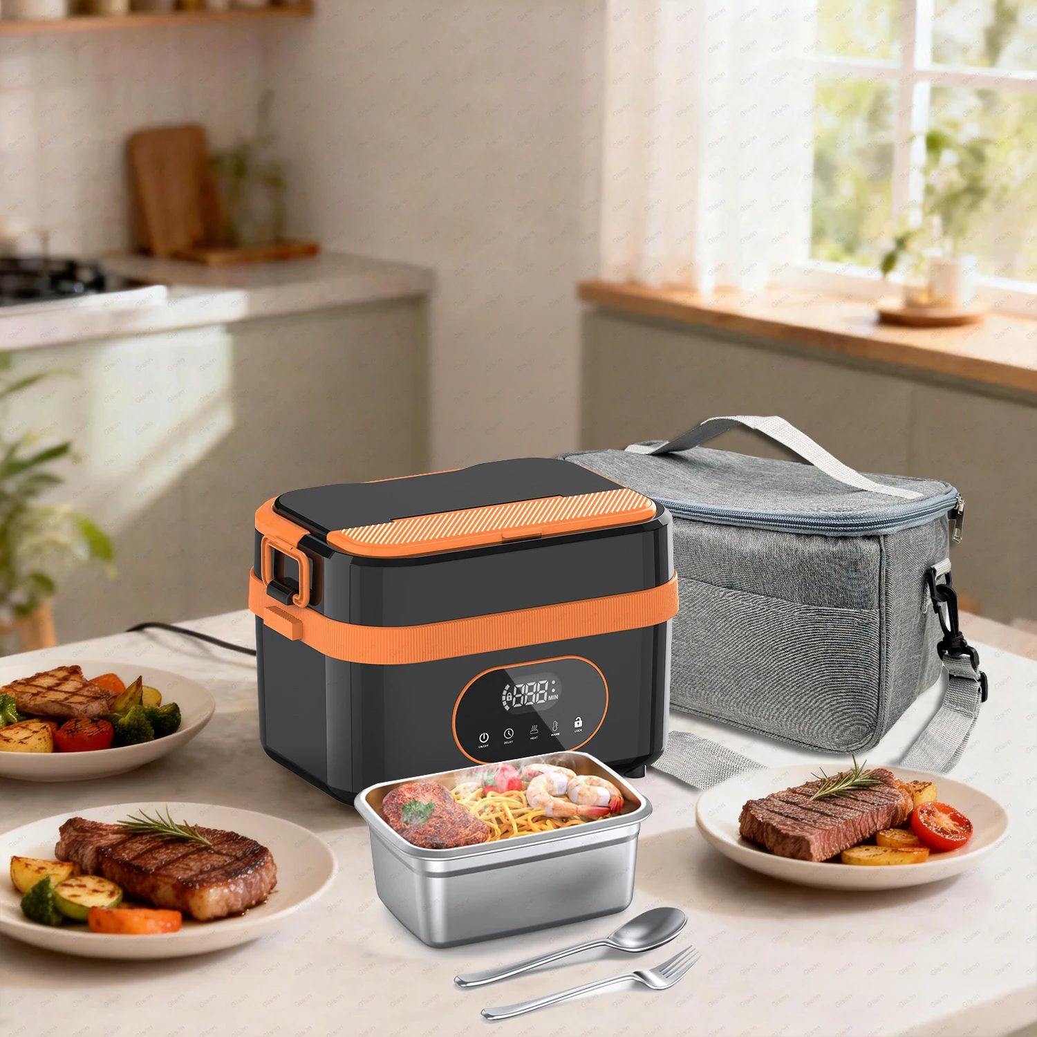 Gison 1,5 l elektrische Lunchbox, 18.000 mAh, wiederaufladbarer Timer, NOWater, Heizung, Lunchbox, 60 W, tragbarer Speisenwärmer, Lunchbox, Mikrowelle