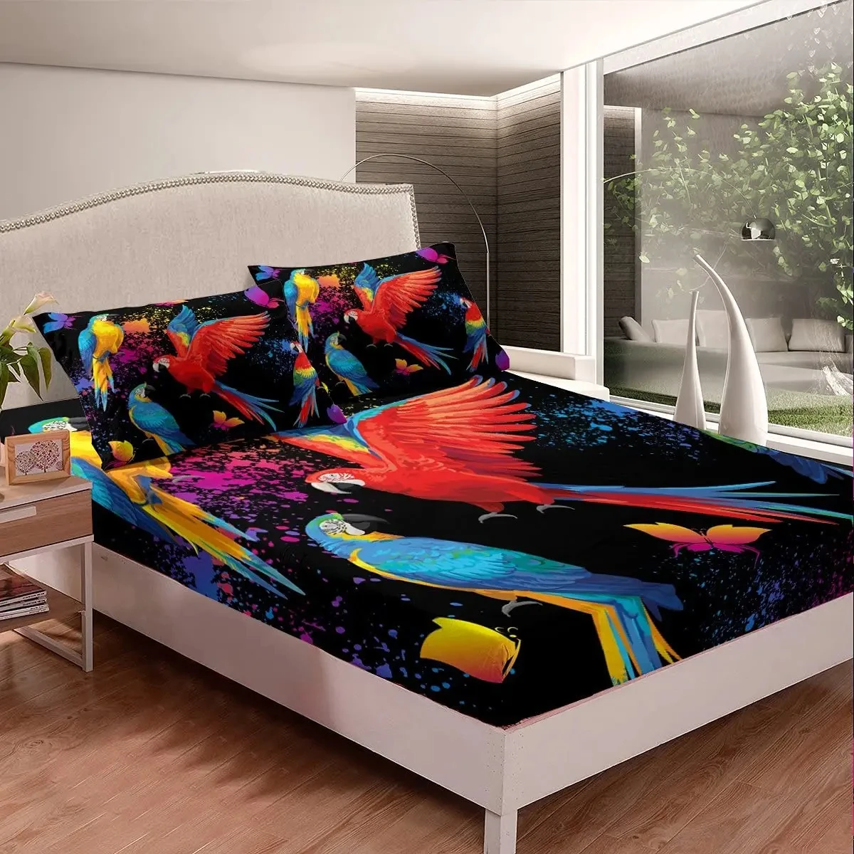 Parrot Printed Fitted Sheet Birds Animal 3 Pieces Bed Sheet Set (1 Fitted Sheet 2 Pillow Cases) Single King Queen Full Twin Size