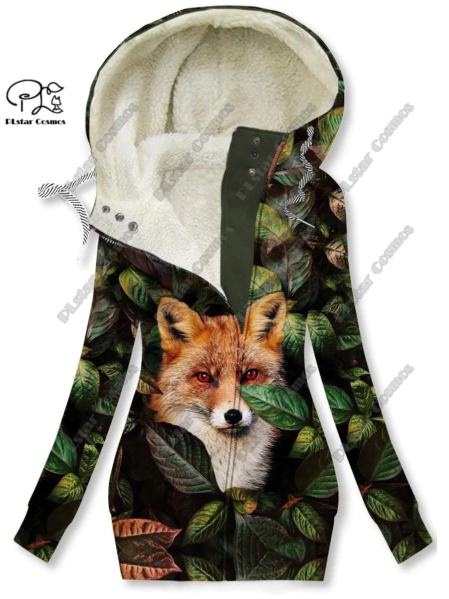 New 3D printing retro series floral and animal patterns plus velvet and warm women's long zipper sweatshirt casual winter L-21