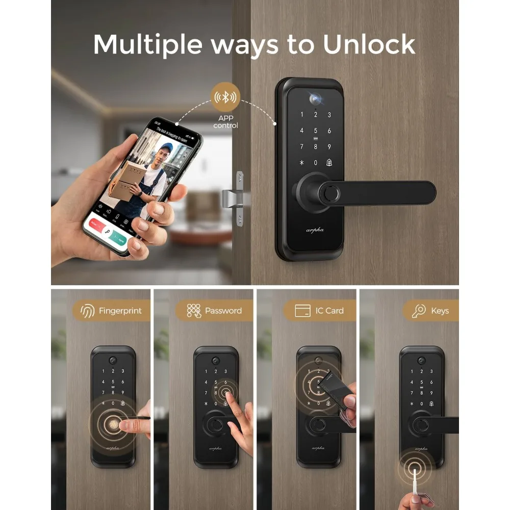 Bloqueio inteligente de vídeo WiFi com câmera e alça - entrada sem chave 6 em 1 (impressão digital/aplicativo/teclado/FOB/chave/câmera), WiFi integrado, 2 vias