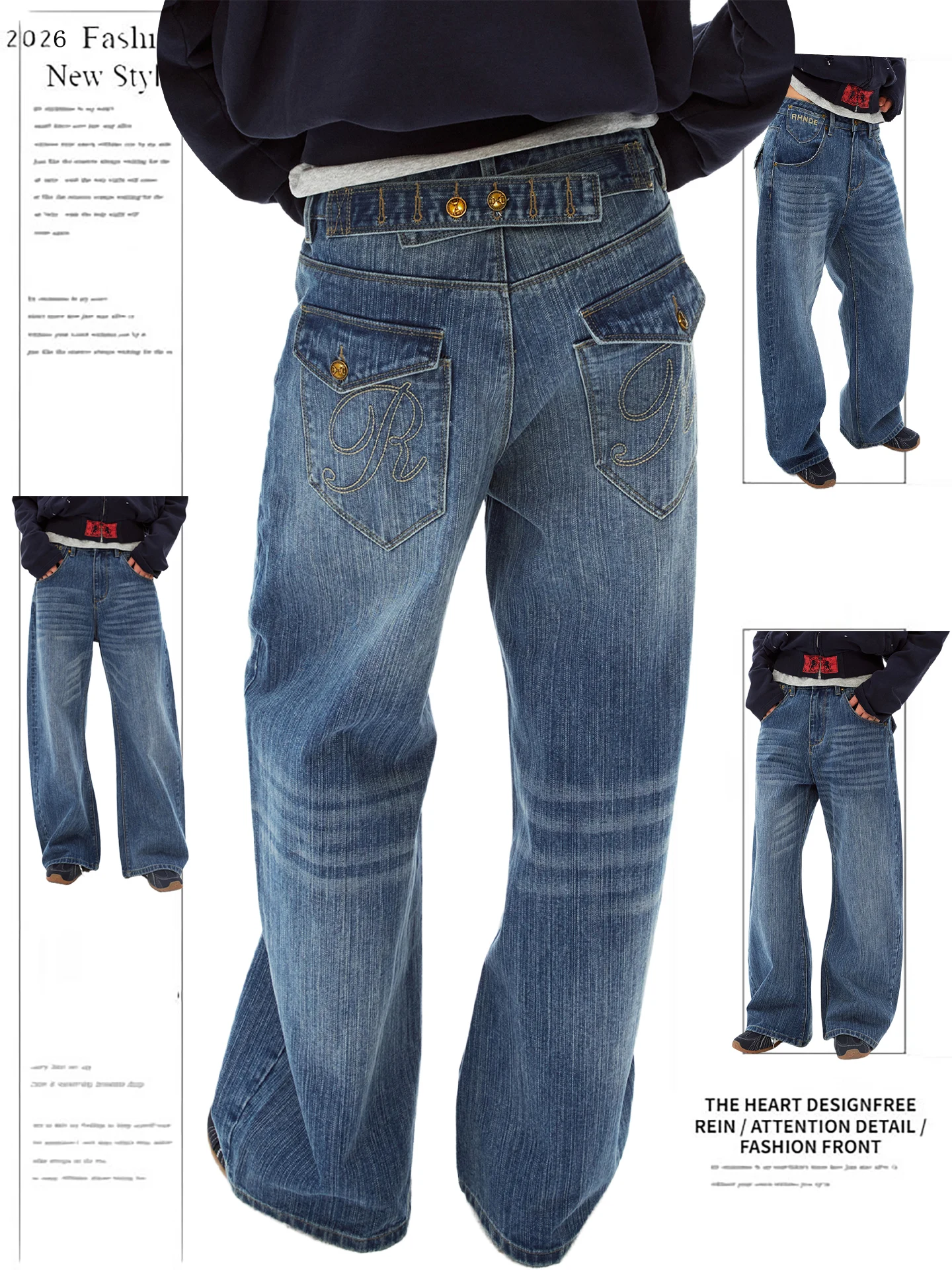 

Retro American Sle Bamboo Node Denim Pants Women's Loose Casual Waed High Waist Wide Leg Long Trousers Spring Season