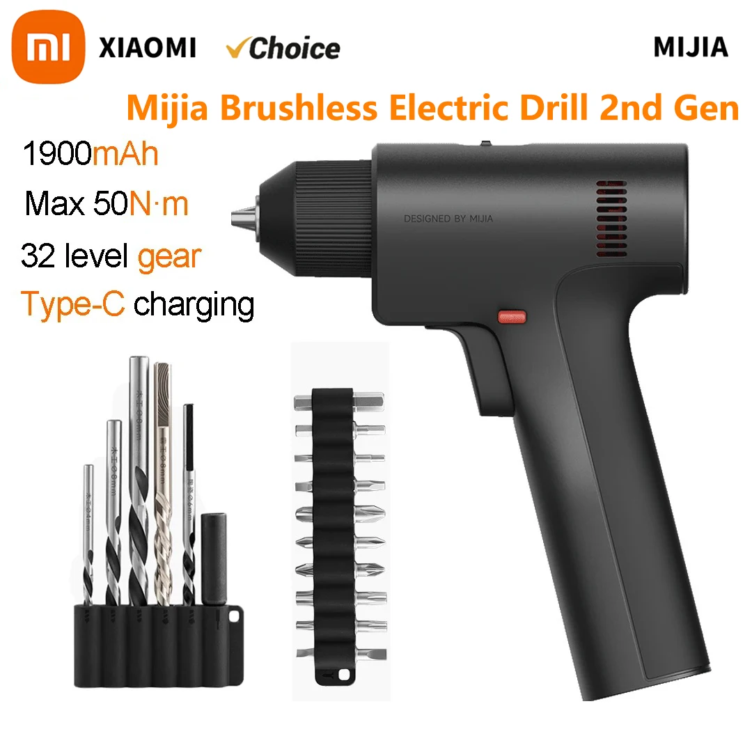 

XIAOMI Mijia Brushless Electric Drill 2nd gen Max 50N·m Torque 1900mAh 32 Level gear High Performance Brushless Motor Type-C -CN