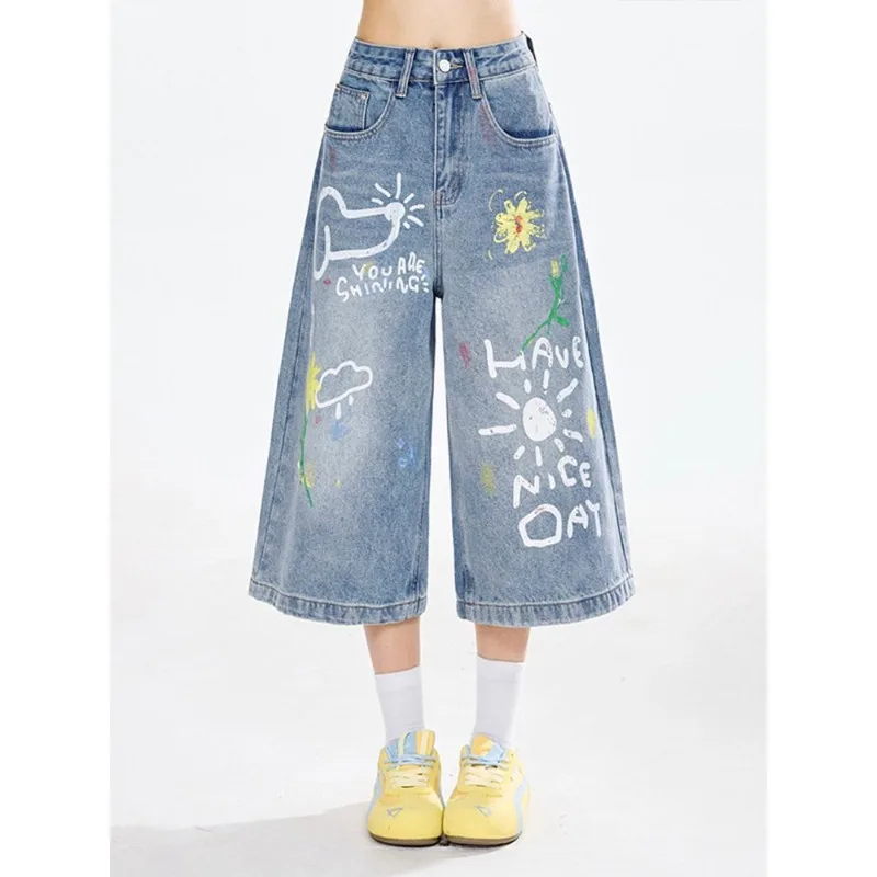 Women's American Style Painted Knee Length Denim Pants Lady Cool Streetwear Personality Fashion Jeans Lady New Trousers