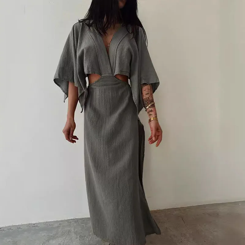 

Cotton Linen V-neck Party Dress Elegant V-neck Split Backless Hollow Solid Long Dress Women Casual Bat Sleeve Loose Maxi Dresses