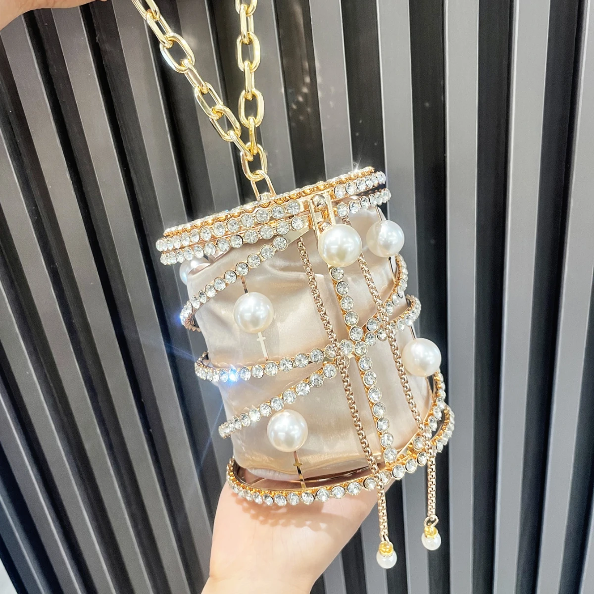 JIOMAY 2025 New Women's Gold Evening Clutch Bags Luxury Designer Silk Satin Bucket Bag,Crystal-Embellished Metal Pearl Party Bag