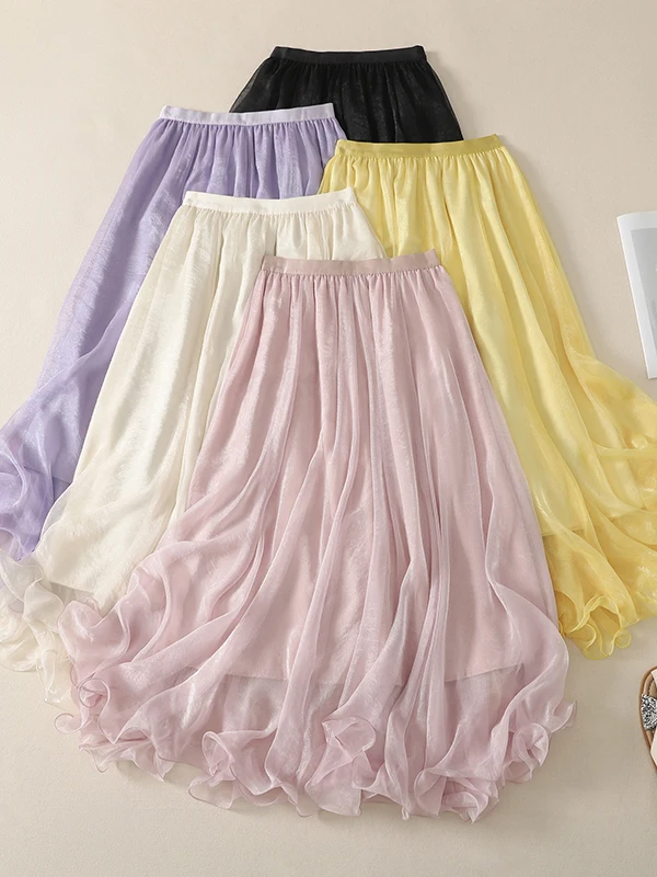 

Summer 2026 Flowing Half Skirt Large Size Women's Draped Fairy Tale A-Line Skirt Casual High Waist Polyester Fiber Long Dress