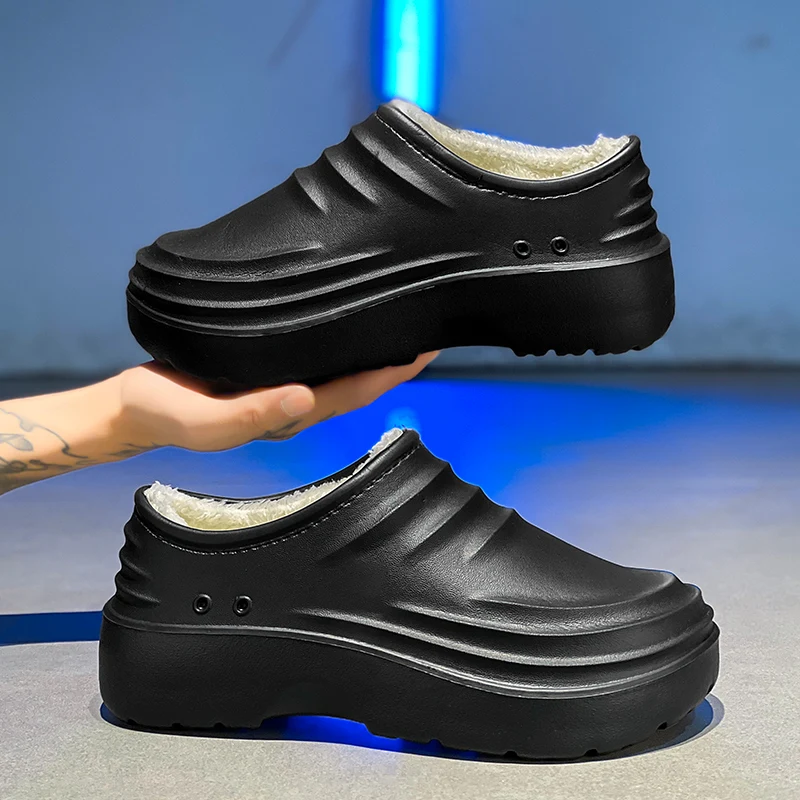 

Men Winter Shoes Warm Slippers Plush Lining Indoor Cotton Slippers Printed Platform Outdoor Shoes House Waterproof Home Slippers