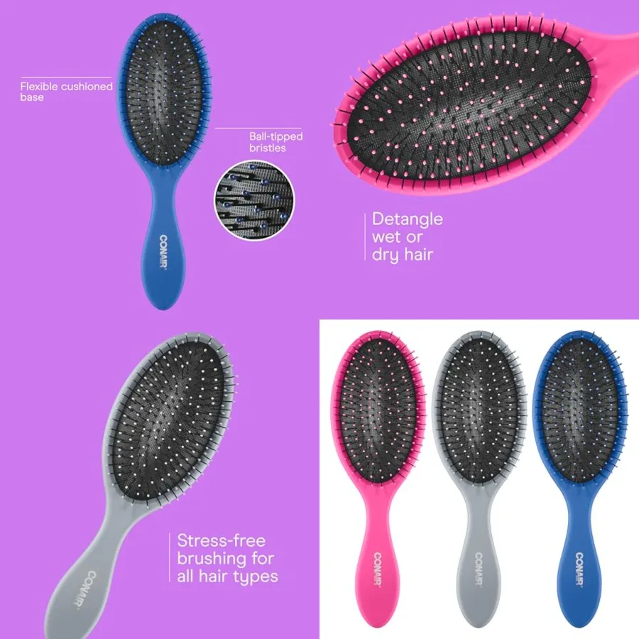 Detangling Hair Brush Set 3 Pack, For Wet, Dry and All Hair Types, Detangling Brushes for Women in Blue, Pink, and Gray