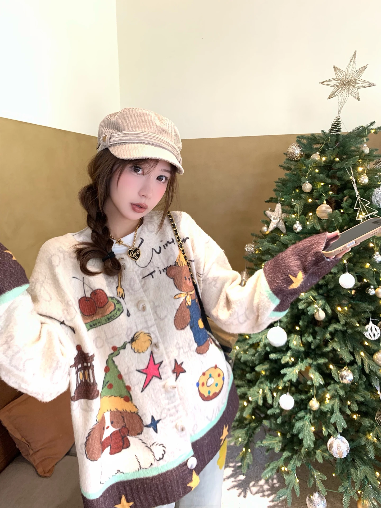 

Женский кардиган Xuekeke бежевого цвета с принтом медведя, осенне-зимний, для многослойного образа, повседневный, свободный крой, с длинными рукавами и застежкой на пуговицы