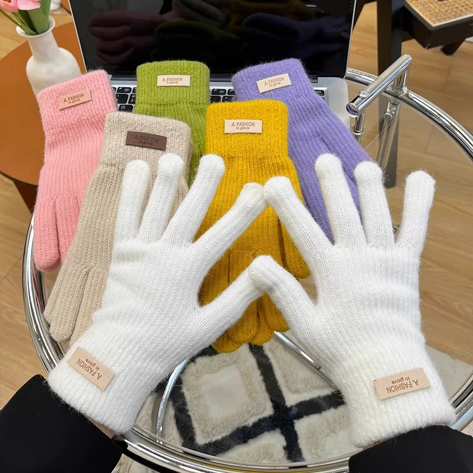 Winter Fashion Finger Holes Touch Screen Solid Color Knitted Warm Gloves Women Outdoor Driving Student Cute Inner Plush Mittens
