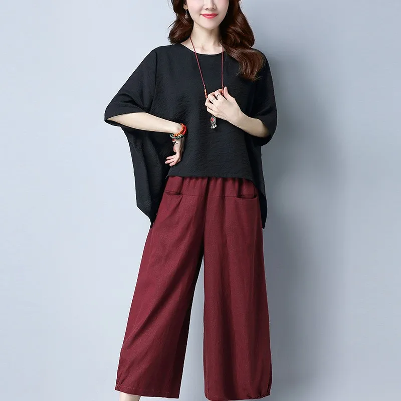 

Faionable Cotton Linen Set Women Summer Large Size Clothing Belly Cover Loose Slimming Casual Wide Leg Pants Two Piece Set