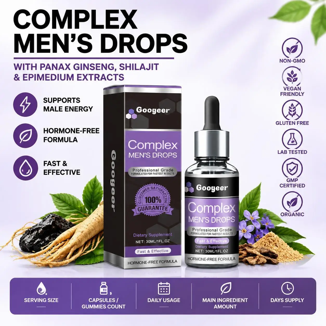 Men's Herbal Drops with Shilajit Extract Panax Ginseng Maca L-Arginine Botanical Blend for Energy Vitality Support Liquid 30ML