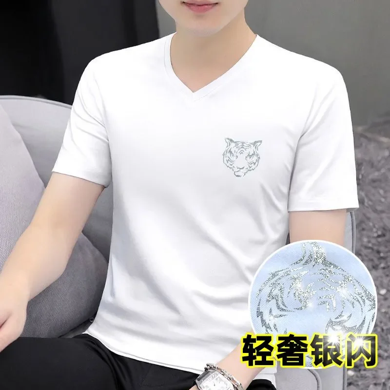 New White Cotton Short-sleeved T-shirt Men's V-neck Fashion Printed Silver Flash Tiger Head Youth Half Sleeved Top