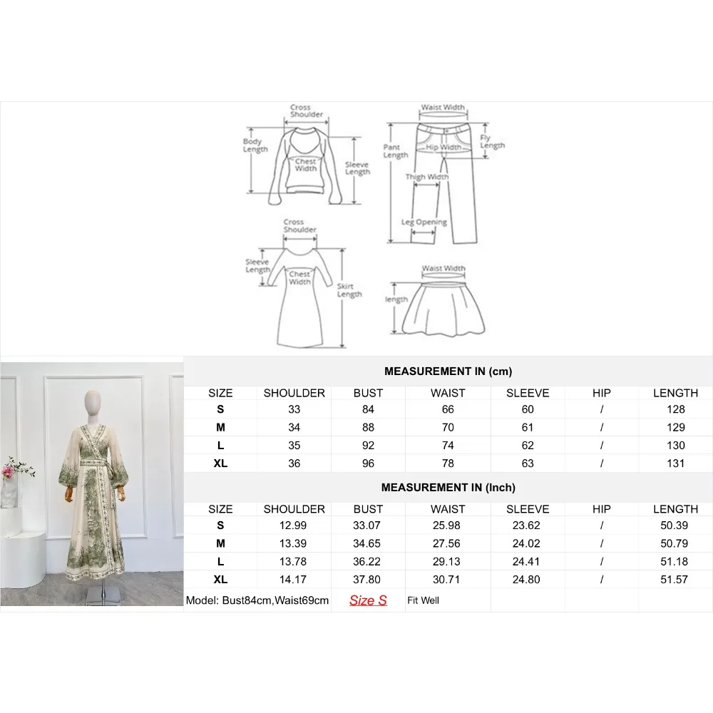 فستان متوسط الطول بأكمام طويلة مطبوع بنمط نباتي أبيض وأخضر من القطن عالي الجودة