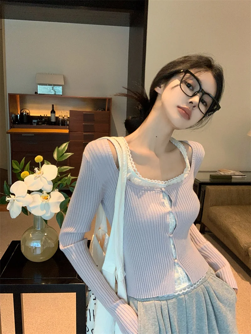 

Элегантный женский вязаный свитер с длинным рукавом и кружевом, стройнящий топ, модный весенний фасон, омолаживающий эффект, новинка для верхней части тела