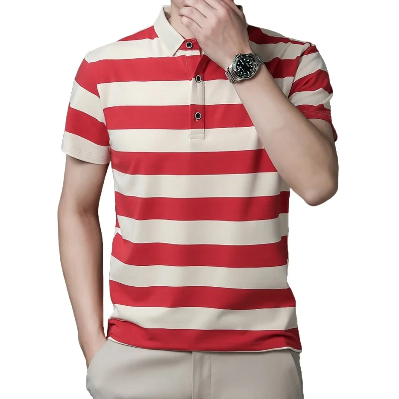 

Summer Cotton Polo Shirt Men Business Casual Lapel Striped Printed T-shirt Fashion Sport Slim Fit Short Sleeve Cotton T-shirt