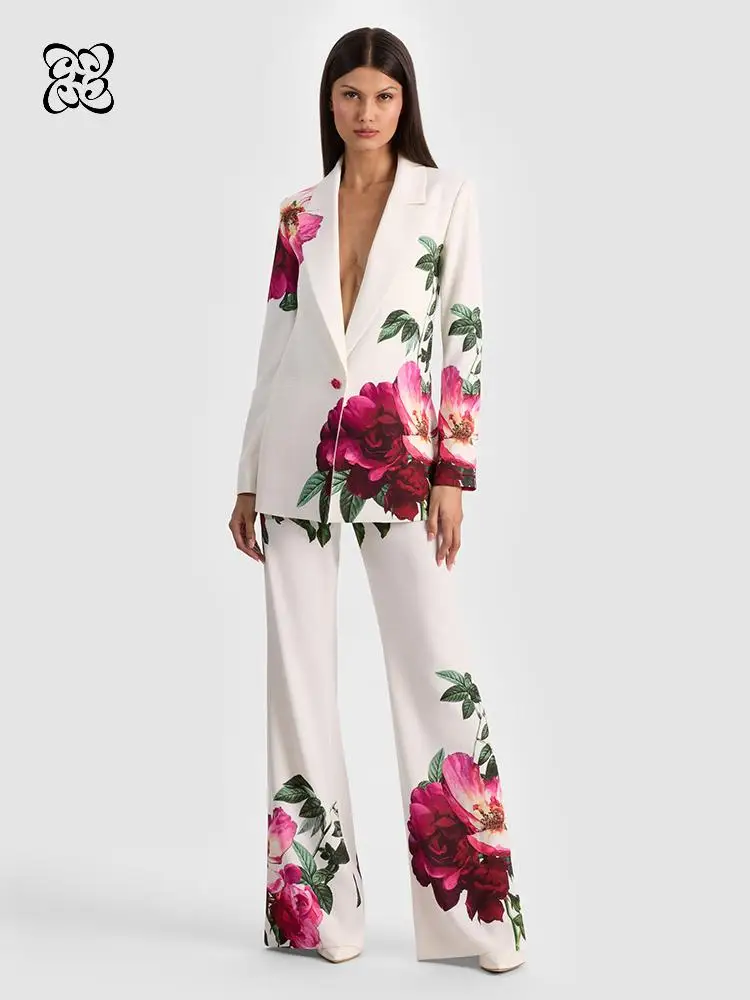 White Large Red Rose Floral Print Pant Suit Single Breasted Blazer & High Waist Wide Leg Trousers Two Piece Set for Vacation