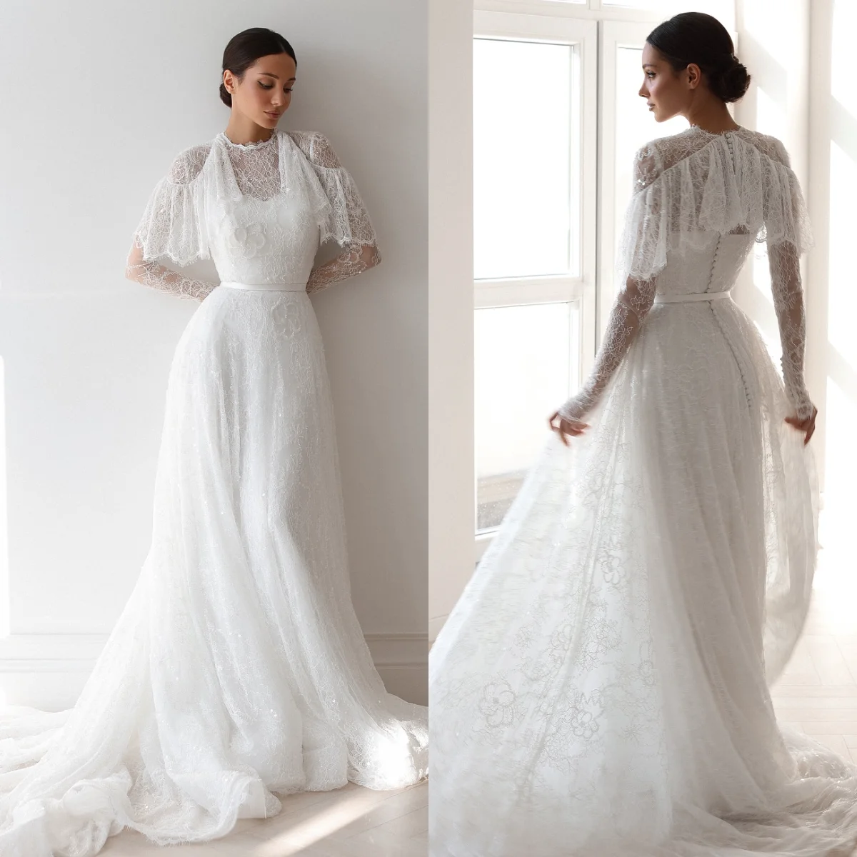 Luxury Lace Wedding Dress Draped Full Sleeves Sweep Tarin White Bridal Gown Customized Robe De Mariée