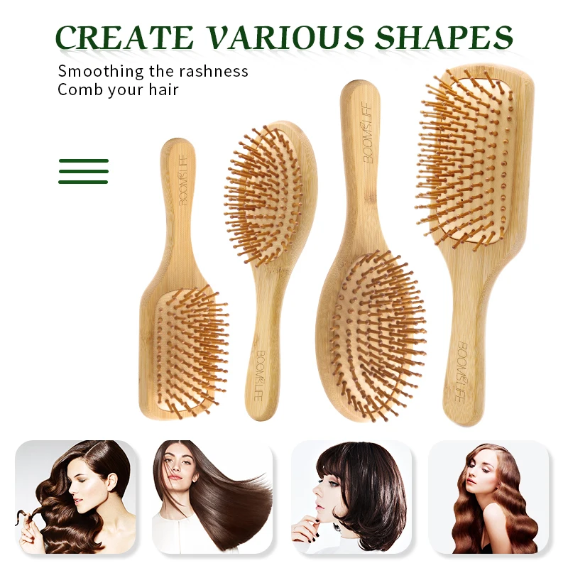 Custom Bamboo Hair Brush Women Styling Hair Comb Wide Tooth Wood Combs for Hair Massage Scalp Detangling HairBrush