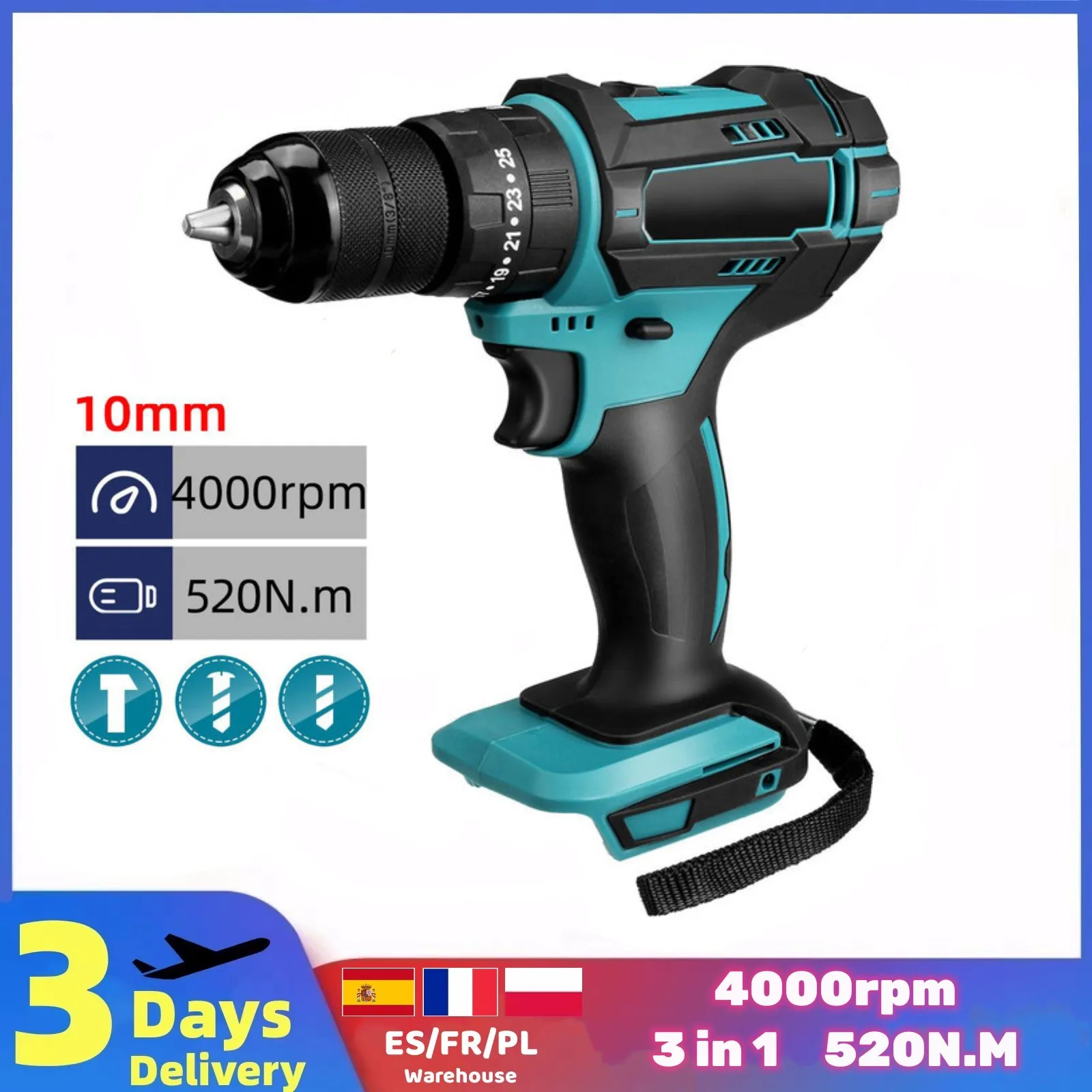 3 IN 1 4000rpm 520N.M Torque Electric Impact Drill 10mm 13mm Chuck Flat Drill Hammer Electric Screwdriver for Makita 18V Battery