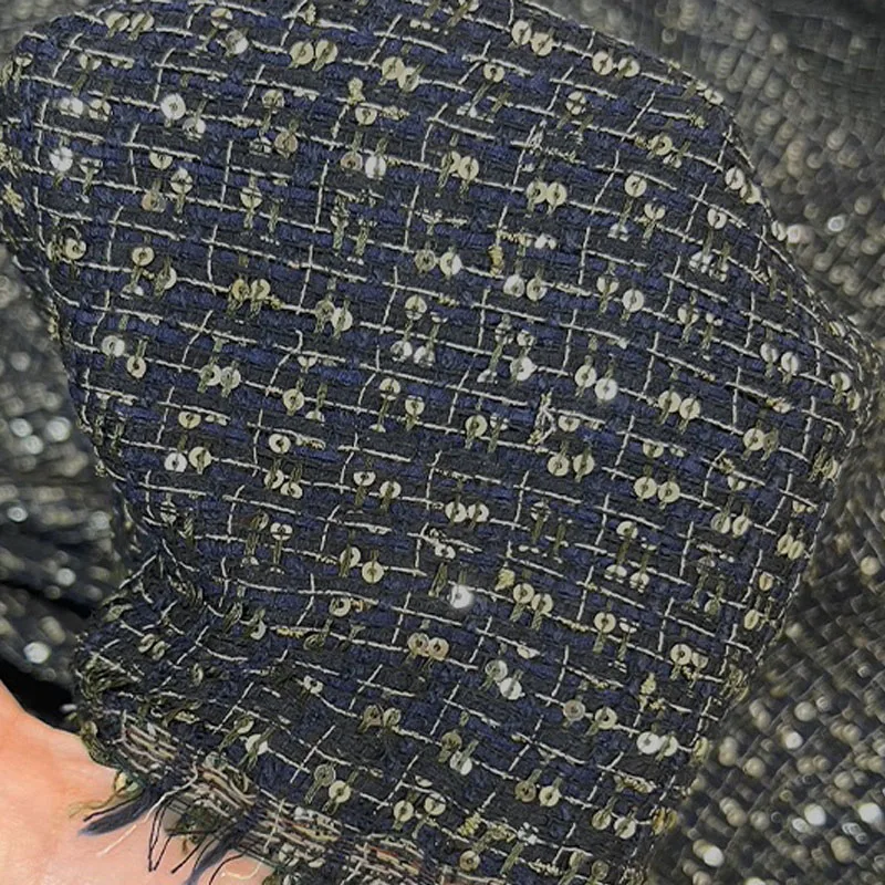 

Темно-синяя решетка и пряжа с блестками, окрашенная плетеная твидовая ткань для женщин, осенняя куртка, платье, костюмы, пальто, материал для шитья своими руками