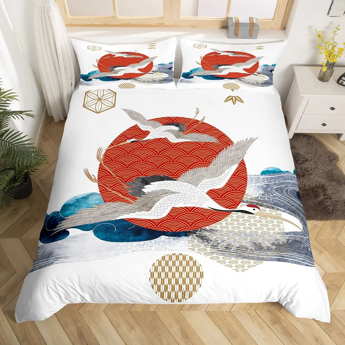 

Japanese Style Crane Duvet Cover Set Full Size,Exotic Red Sun Sea Waves Bedding Sets,Vintage Ukiyoe Traditional Comforter Cover