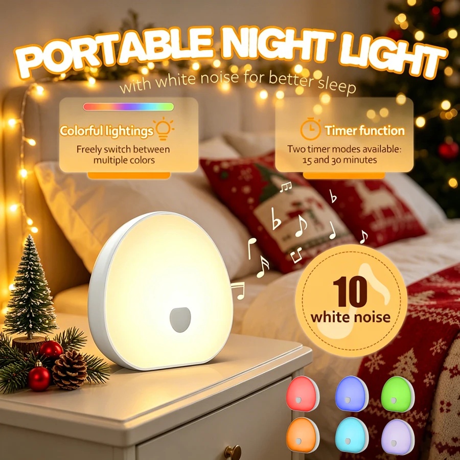 Mini Night Light with White Noise, 10 Soothing Sounds, 15/30min Timer, Colorful Lighting, Portable Night Light as Christmas Gift