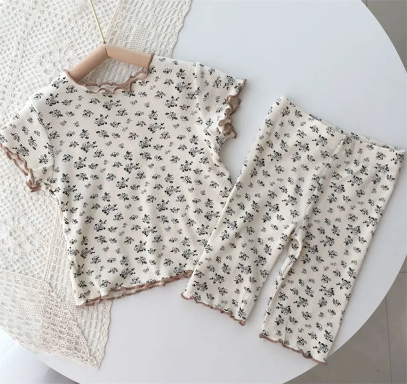 Girls' Pajamas Set New Summer Casual T-Shirt Outfits Children Short-Sleeve Floral Print Suit Kids Top+Pants 2Pc 1-8 Years