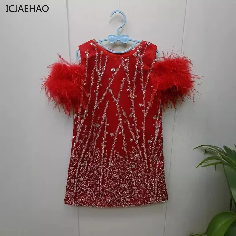 ICJAEHAO 2025Girls Chinese Red Vest Dress Autumn New Sleeveless One-Year-Old Party Costume Children's Elegant Princess Dress