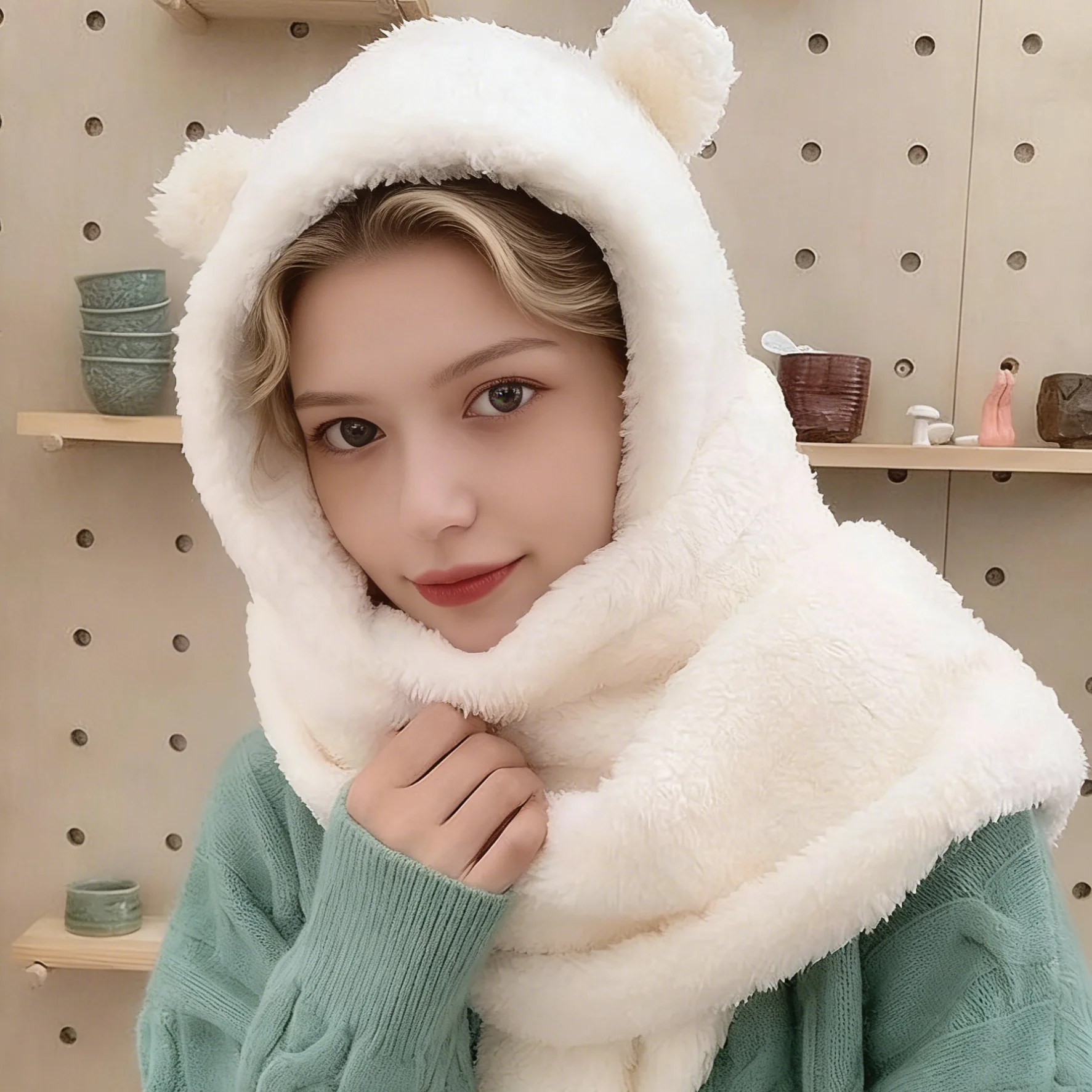2Pcs Fashion Winter Women Novelty Beanies Caps Warm Bear Ear Hat Casual Plush Hat Scarf Set Casual Solid Women Caps Present - view 4