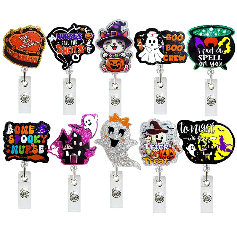 

Glitter Acrylic All Saints' Day Hallowmas Badge Reel Retractable ID Badge Holder With 360 Rotating Alligator Clip Name Holder