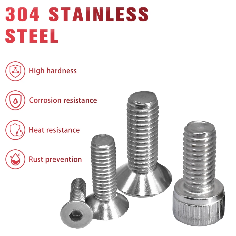 304 Stainless Steel Hex Socket Screw DIN912 Hexagon Allen Bolt Metal Machine Screws DIN7991 A2 Screws M2 M2.5 M3 M4 M5 M6 M8