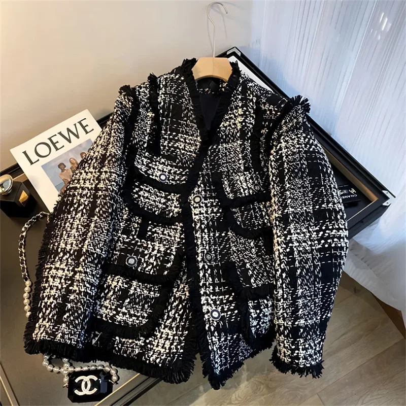 LVLVUU Lining Plaid Suit Jacket For Women\'s Blazer Spring Autumn New Quilted Woolen Coat Fashion Niche Retro Baseball Jacket Top