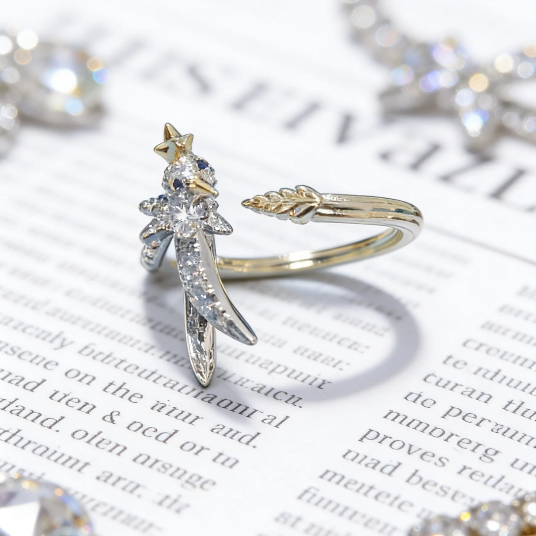 

A vintage-style, luxurious bird-shaped open ring in 925 sterling silver, set with cubic zirconia; a unique holiday ring.