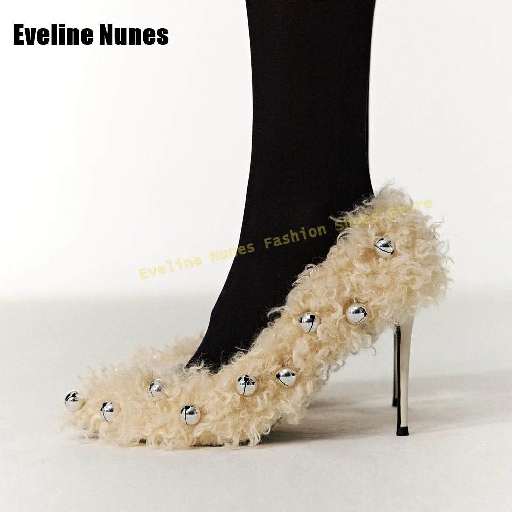 

Металлические шариковые украшения, меховые туфли-лодочки с острым носком на шпильке, однотонные женские модные туфли-лодочки без шнуровки, вечерние туфли в уличном стиле