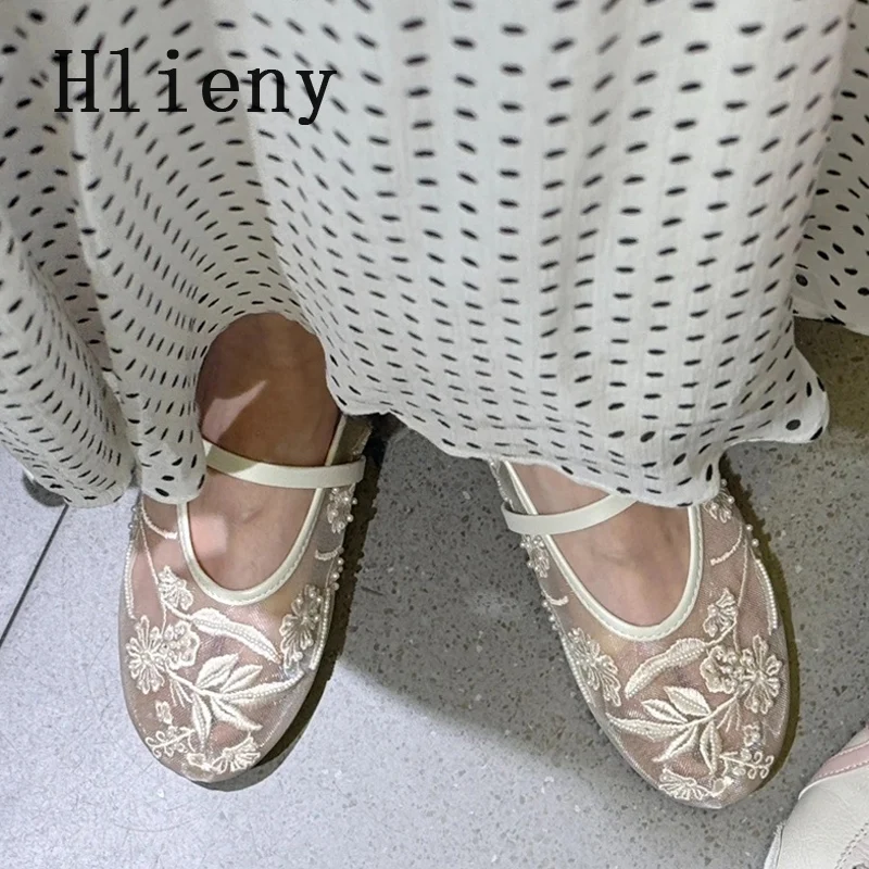 Hlieny Woman Design Embroidery Flowers Pearl Mesh Round Tor Buckle Strap Ballet Flats Loafers Ladies Mary Jane Shoe Mules Sandal image 6