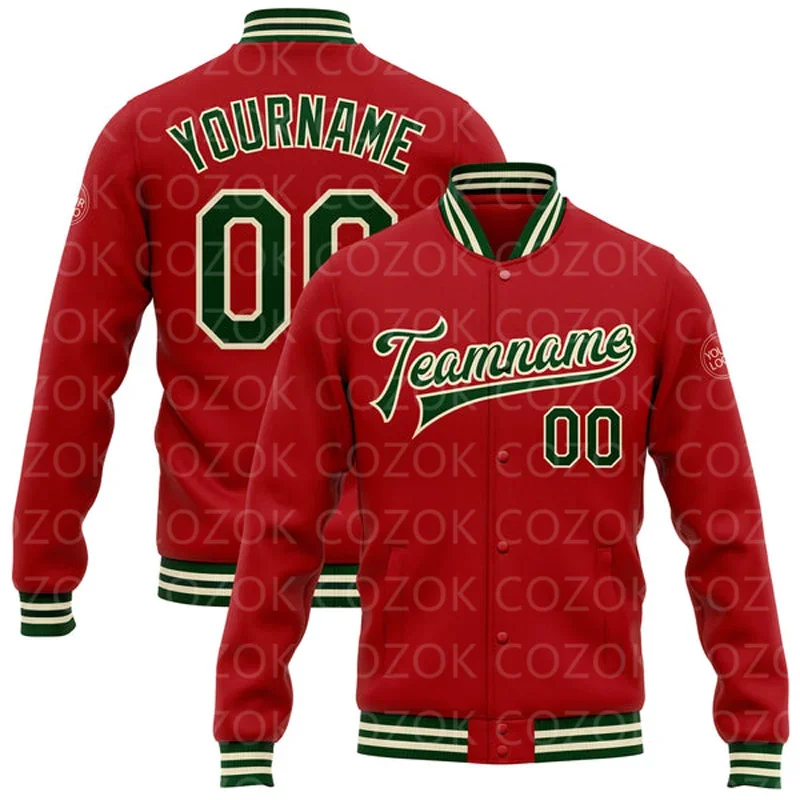 Custom Red Green 3D Printed Baseball Button Jacket Bomber Full-Snap Varsity Letterman Jacket